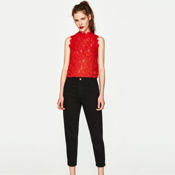 Zara Red Lace Sleeveless Crop Top Back Zipper Women’s Size Small - Picture 2 of 10